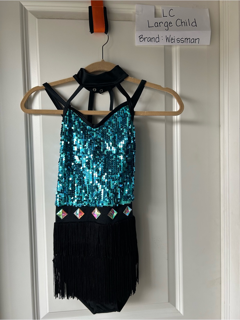 Weissman Teal Sequin Dance Costume with Black Fringe